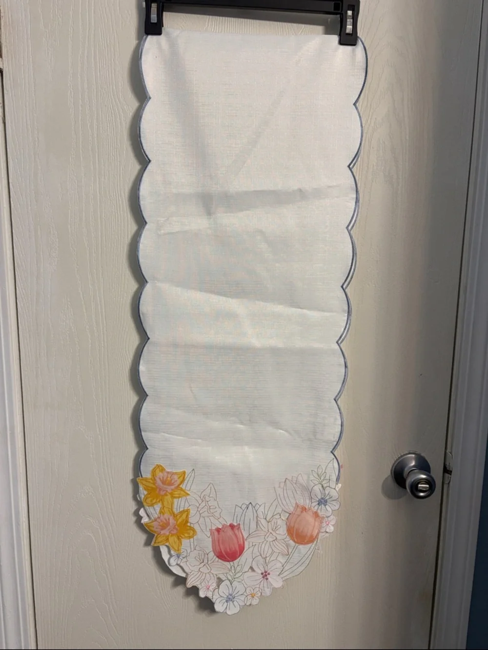 White Scalloped Floral Embroidered Table Runner with Blue Trim
